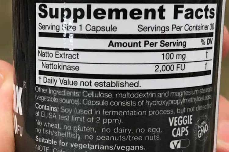 nutrition or supplement facts label for nattokinase capsules